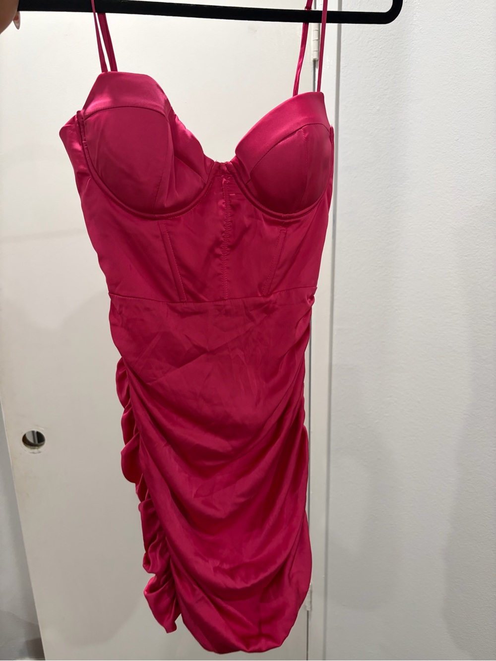 Oh Polly Fuchsia Satin Ruched Bustier Mini Dress